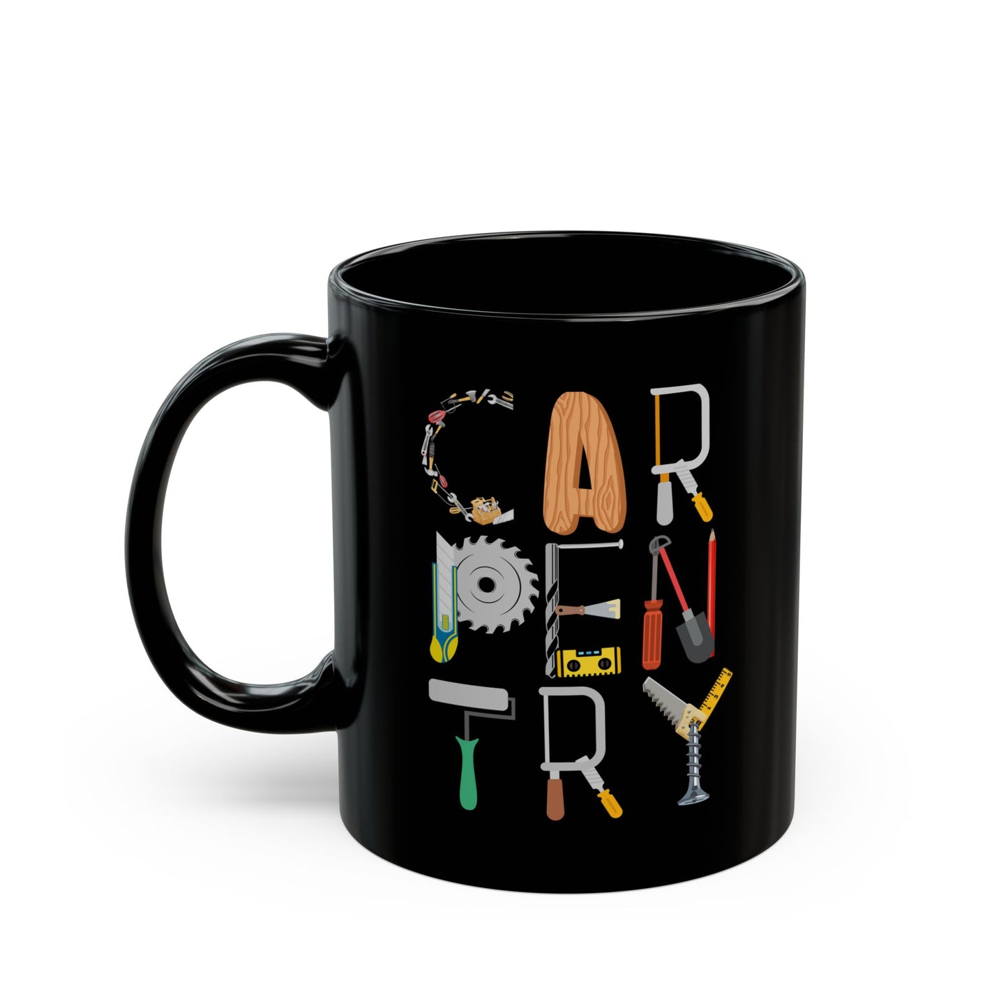 Carpentry Tools Mug - Black Tradesman Coffee Cup - Gift for Carpenter or Woodworker - 11oz & 15oz