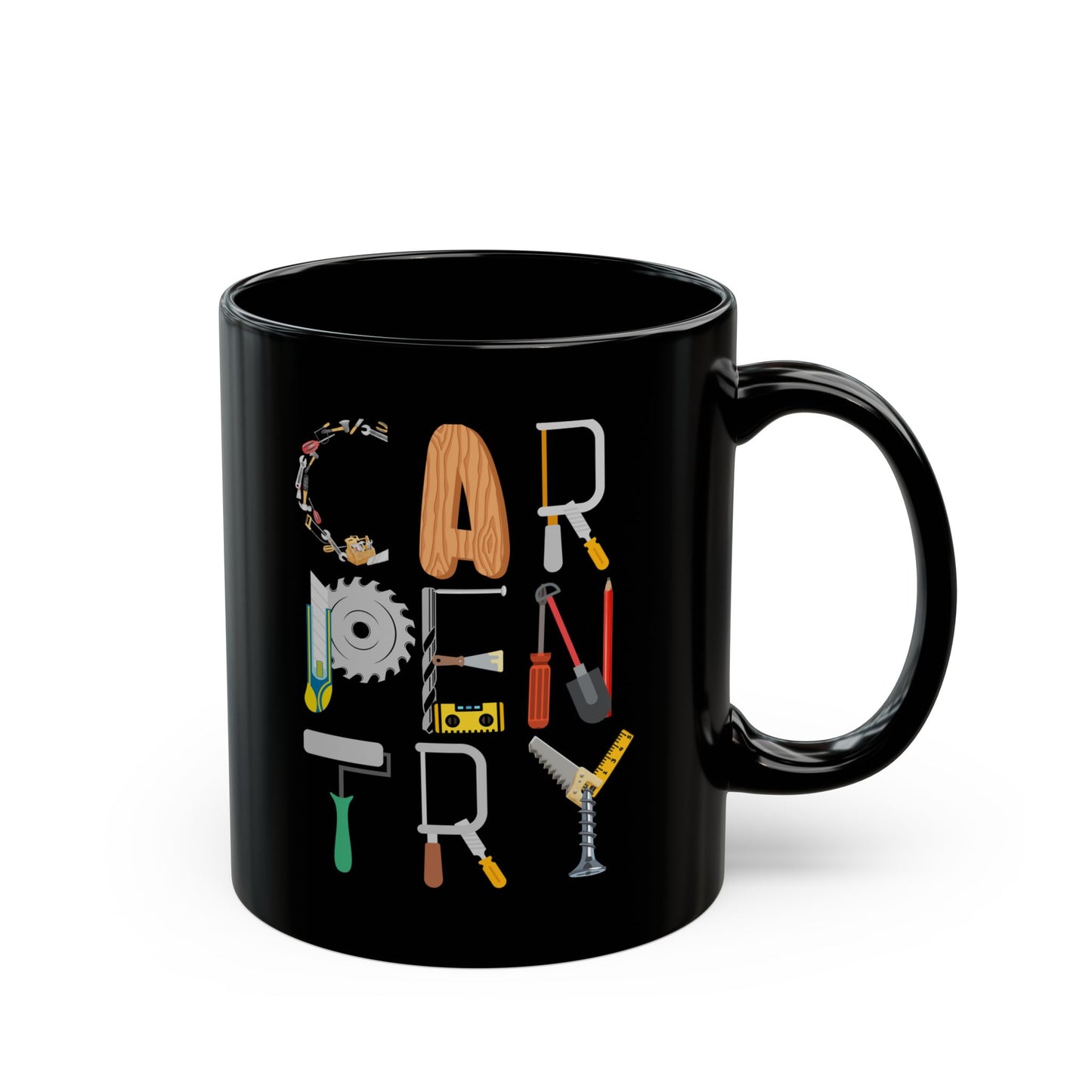 Carpentry Tools Mug - Black Tradesman Coffee Cup - Gift for Carpenter or Woodworker - 11oz & 15oz