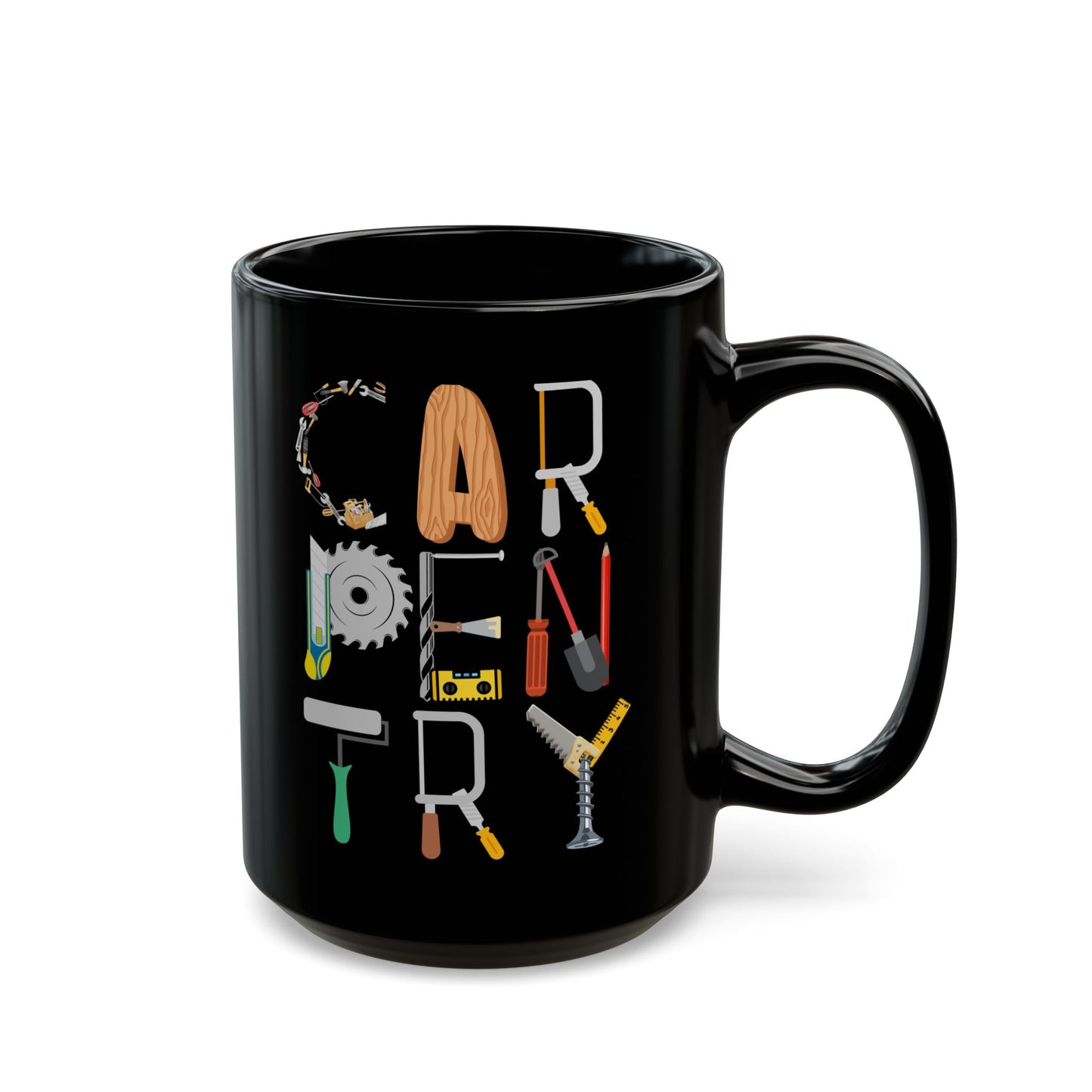 Carpentry Tools Mug - Black Tradesman Coffee Cup - Gift for Carpenter or Woodworker - 11oz & 15oz